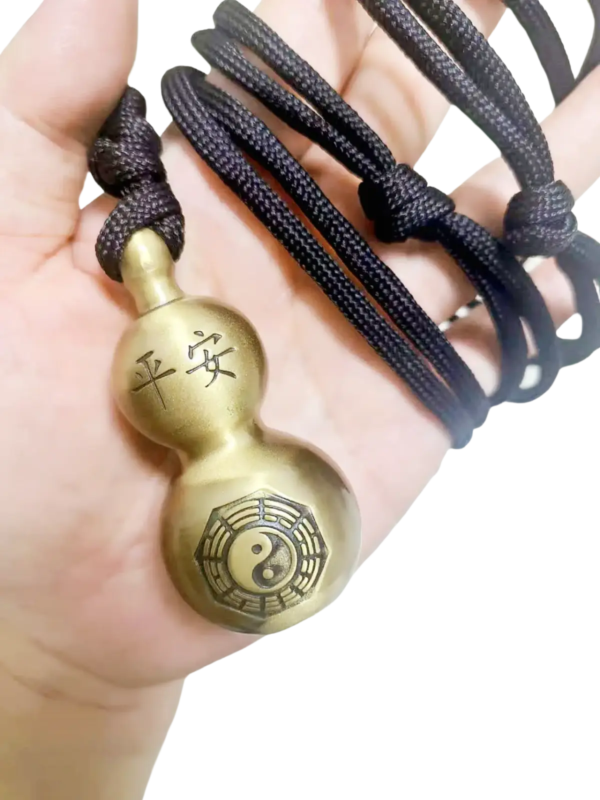 Brass gourd self defense pendant necklace in golden with engraved chinese characters and yin-yang symbol on dark cord