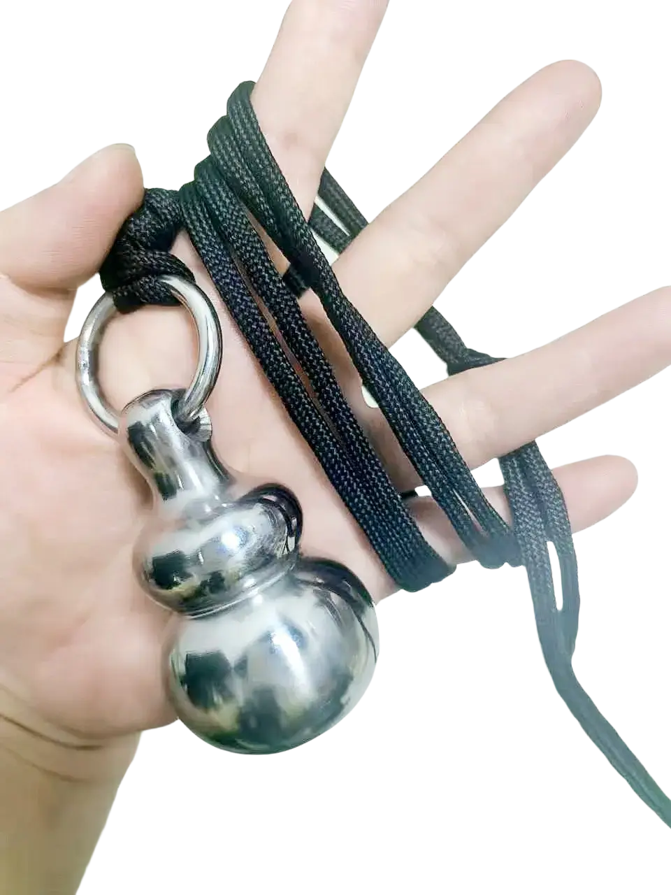Silver metallic gourd self defense pendant necklace made of brass on a black braided cord