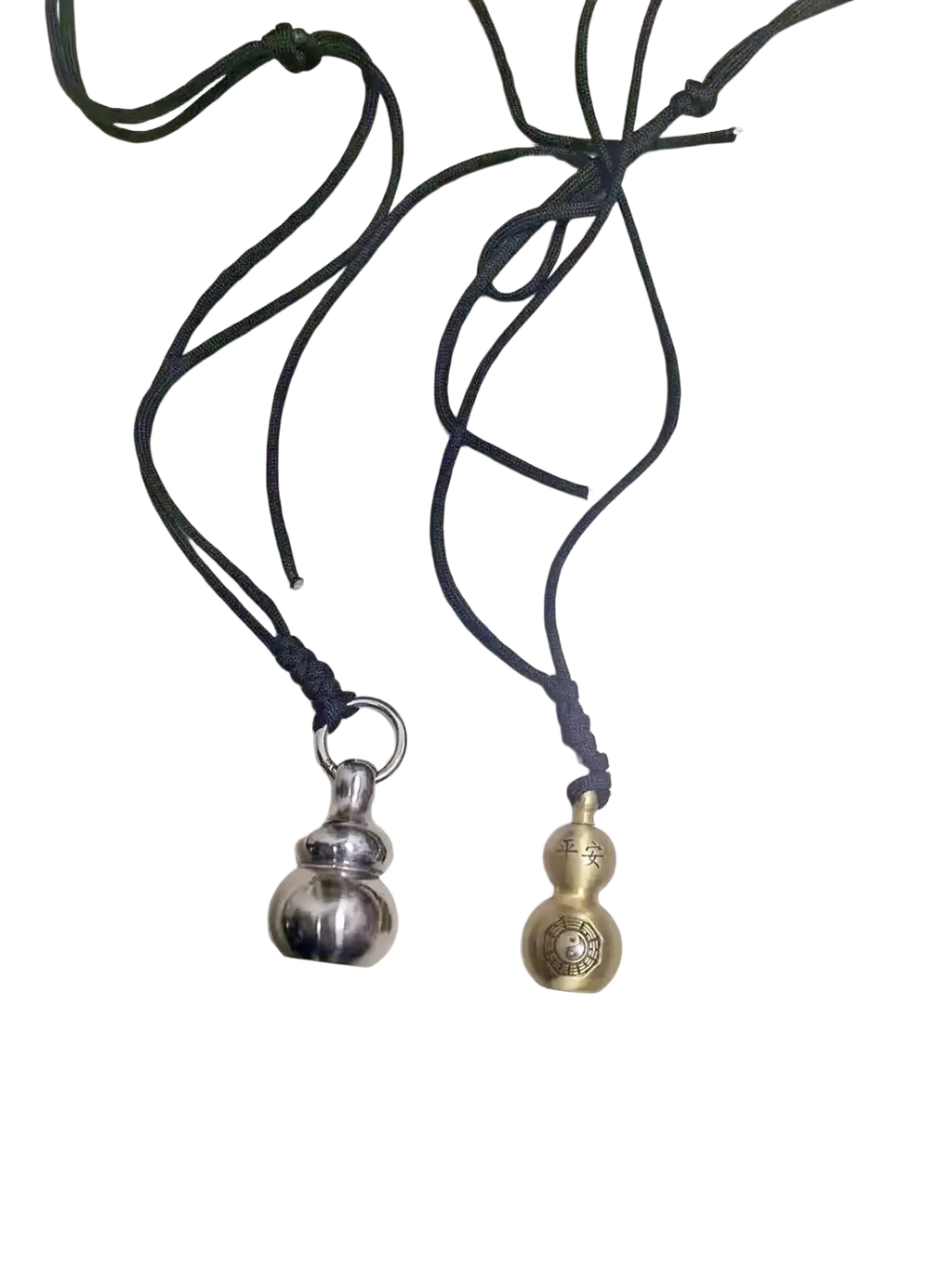 Two metallic silver and gold-toned brass gourd self defense pendant necklaces with engraved characters on black cords