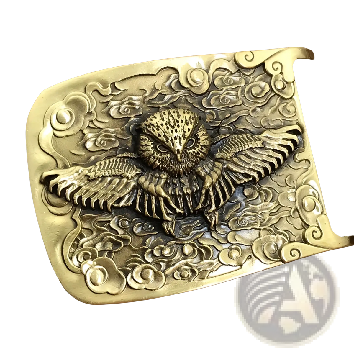 Antique brass owl belt buckle with intricate cloud and feather detailing on a genuine leather men jeans belt
