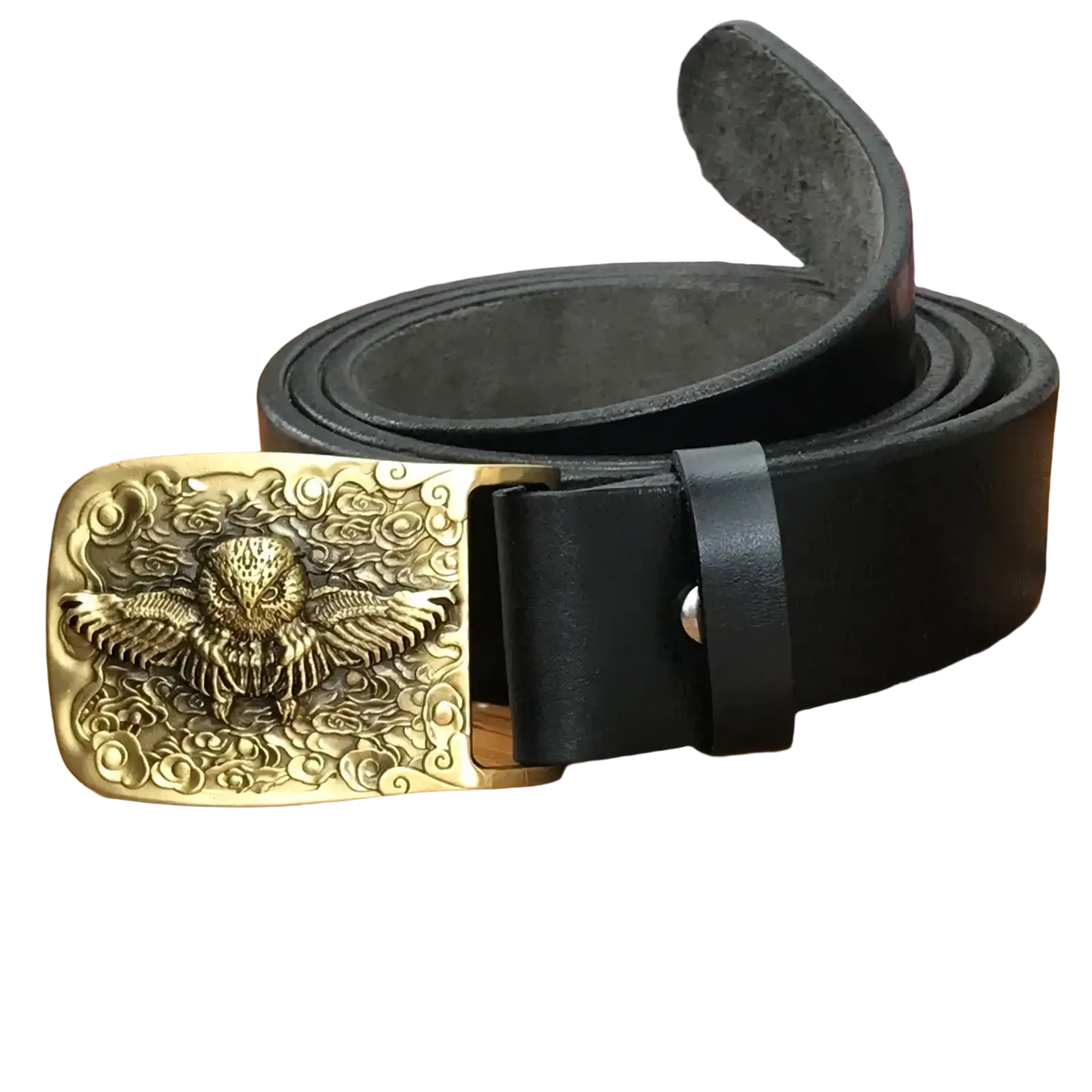 Black genuine leather men jeans belt with brass owl rectangular buckle featuring intricate carved cloud patterns