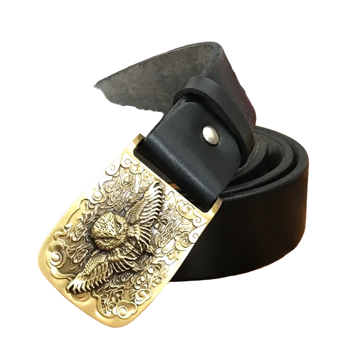 Black leather men jeans belt with a detailed gold-toned eagle buckle featuring ornate cloud patterns and brass owl design