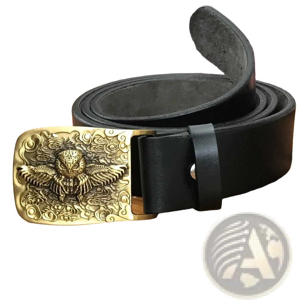 Black leather men jeans belt with ornate brass owl rectangular buckle featuring detailed flying owl relief