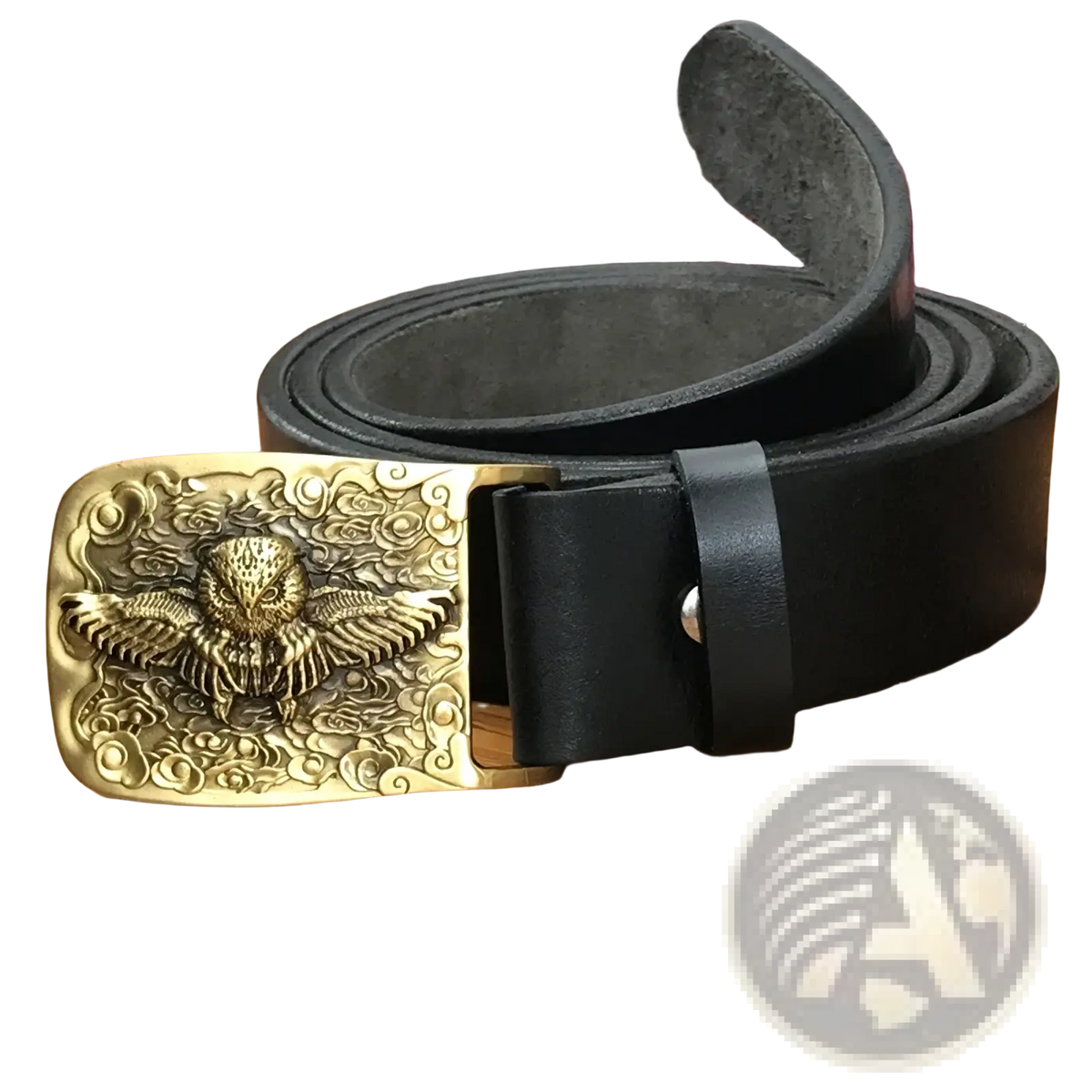 Black leather men jeans belt with ornate brass owl rectangular buckle featuring detailed flying owl relief