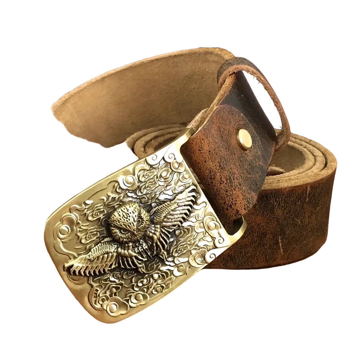 A detailed brass owl belt buckle with swirling cloud patterns on a rich brown genuine leather men jeans belt