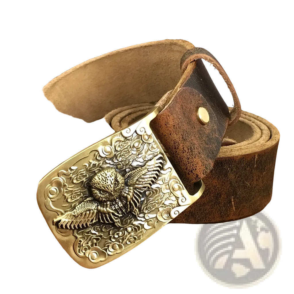 Brass owl belt buckle with intricate carving and swirling clouds paired with rich brown genuine leather men jeans belt