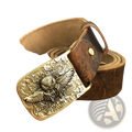 A detailed brass owl belt buckle with swirling cloud patterns on a rich brown genuine leather men jeans belt