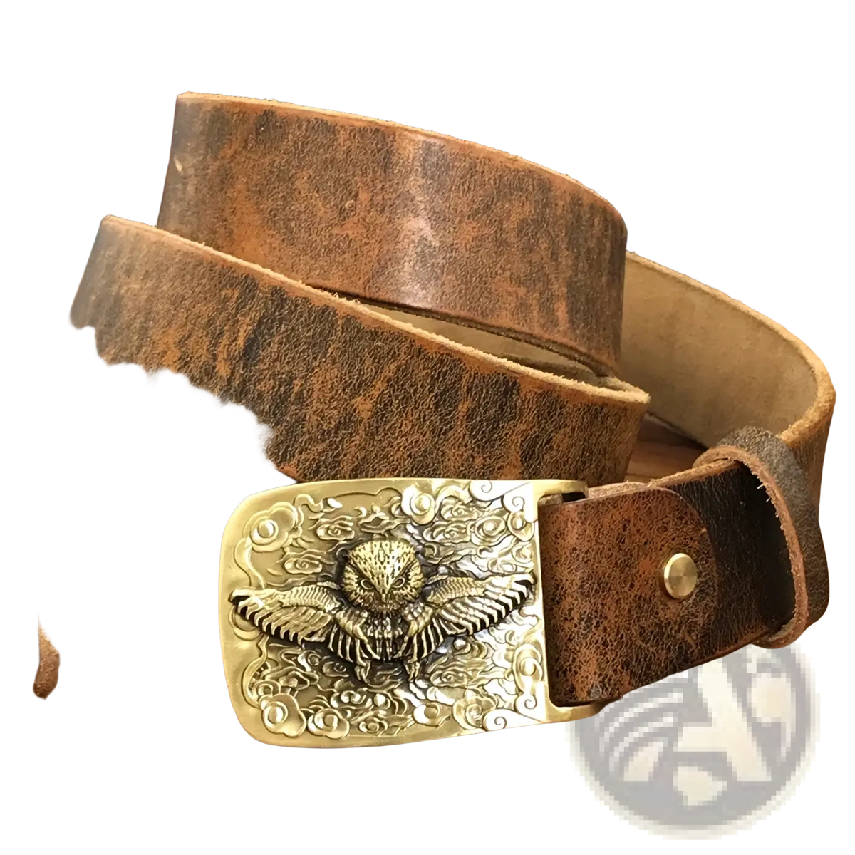 A vintage-style brown leather men jeans belt with an intricately engraved brass owl buckle