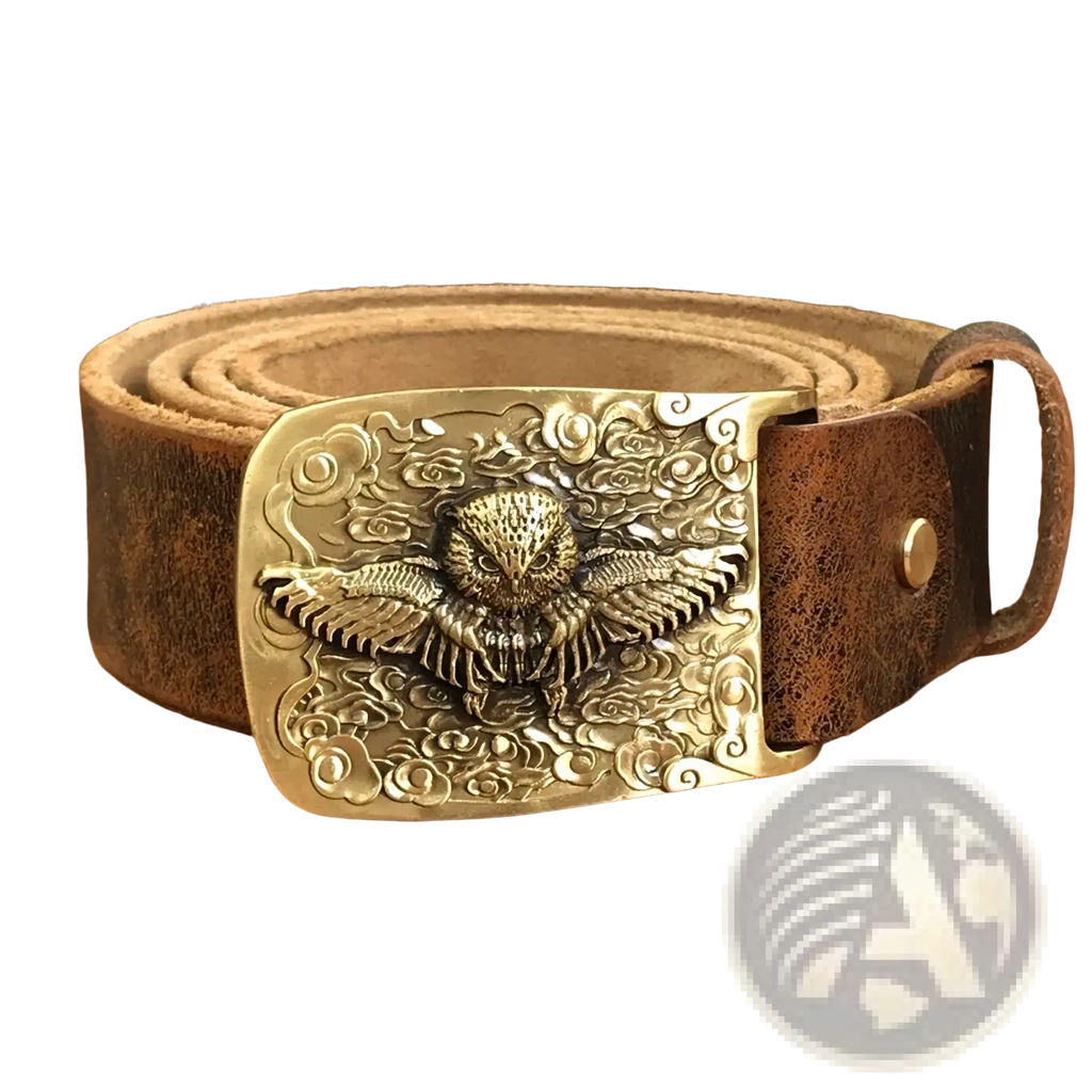 A vintage-style brown leather men jeans belt with a brass owl buckle engraved with cloud patterns