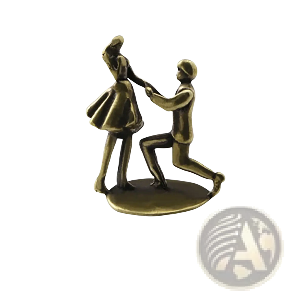 Bronze-colored brass proposal figurine miniature of man kneeling proposing to woman in flowing dress for desk decor
