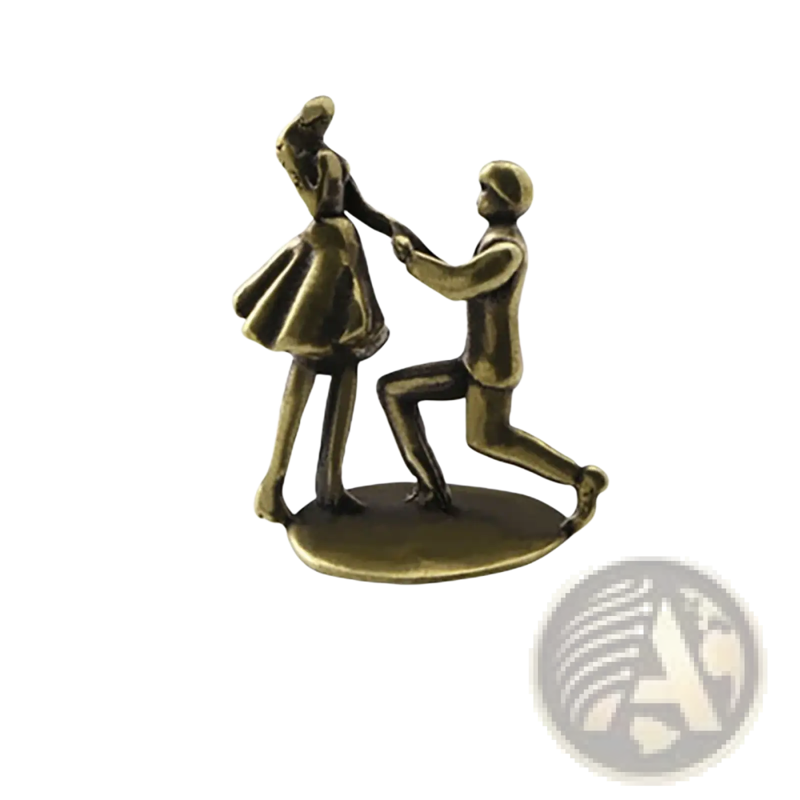 Bronze-colored brass proposal figurine miniature of man kneeling proposing to woman in flowing dress for desk decor