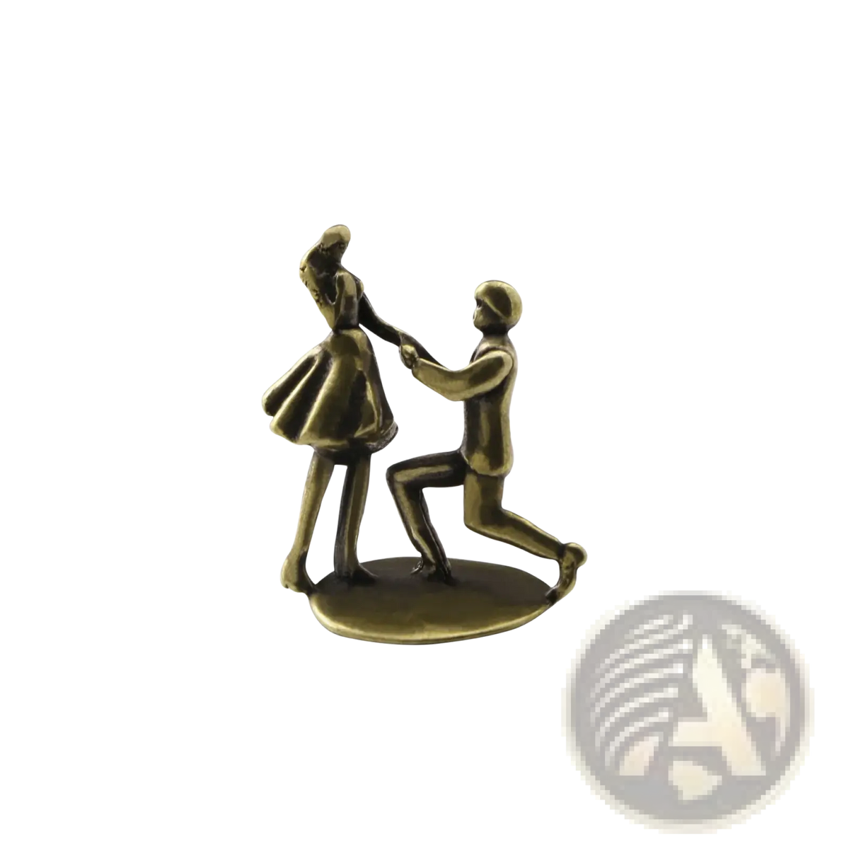 Bronze-colored brass proposal figurine miniature of a man kneeling to propose to a woman in a flowing dress for desk decor
