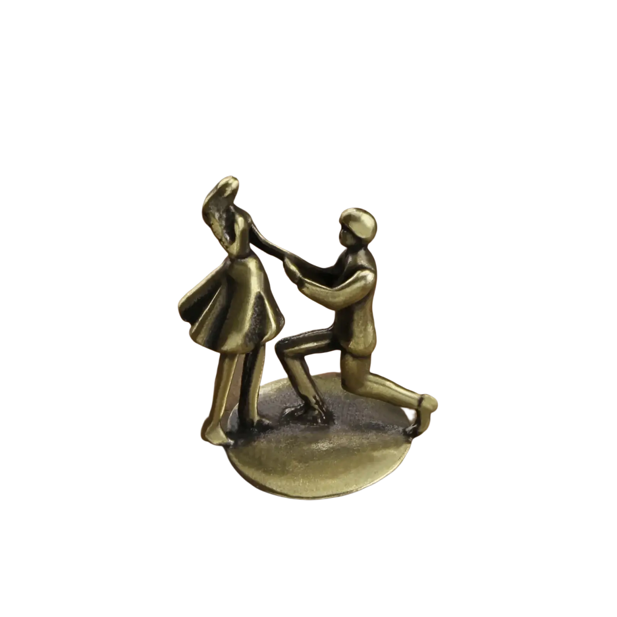 Brass proposal figurine miniature couple desk decor featuring a brass-colored man kneeling offering a ring to a woman