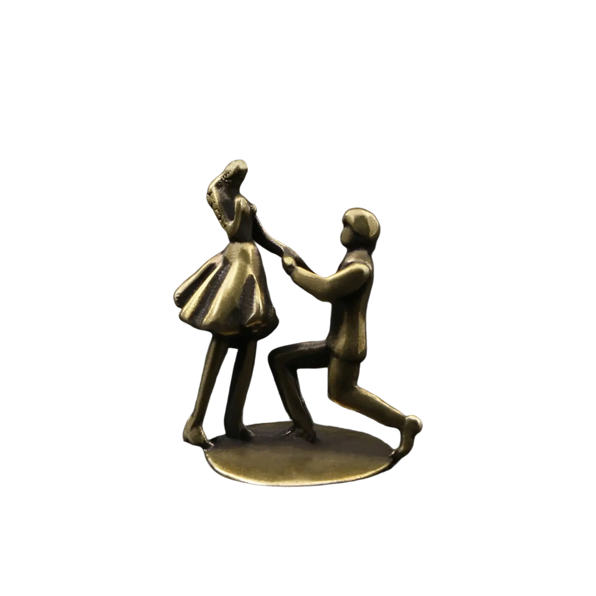 Brass proposal figurine miniature couple in brass color depicting man proposing to woman on circular base desk decor