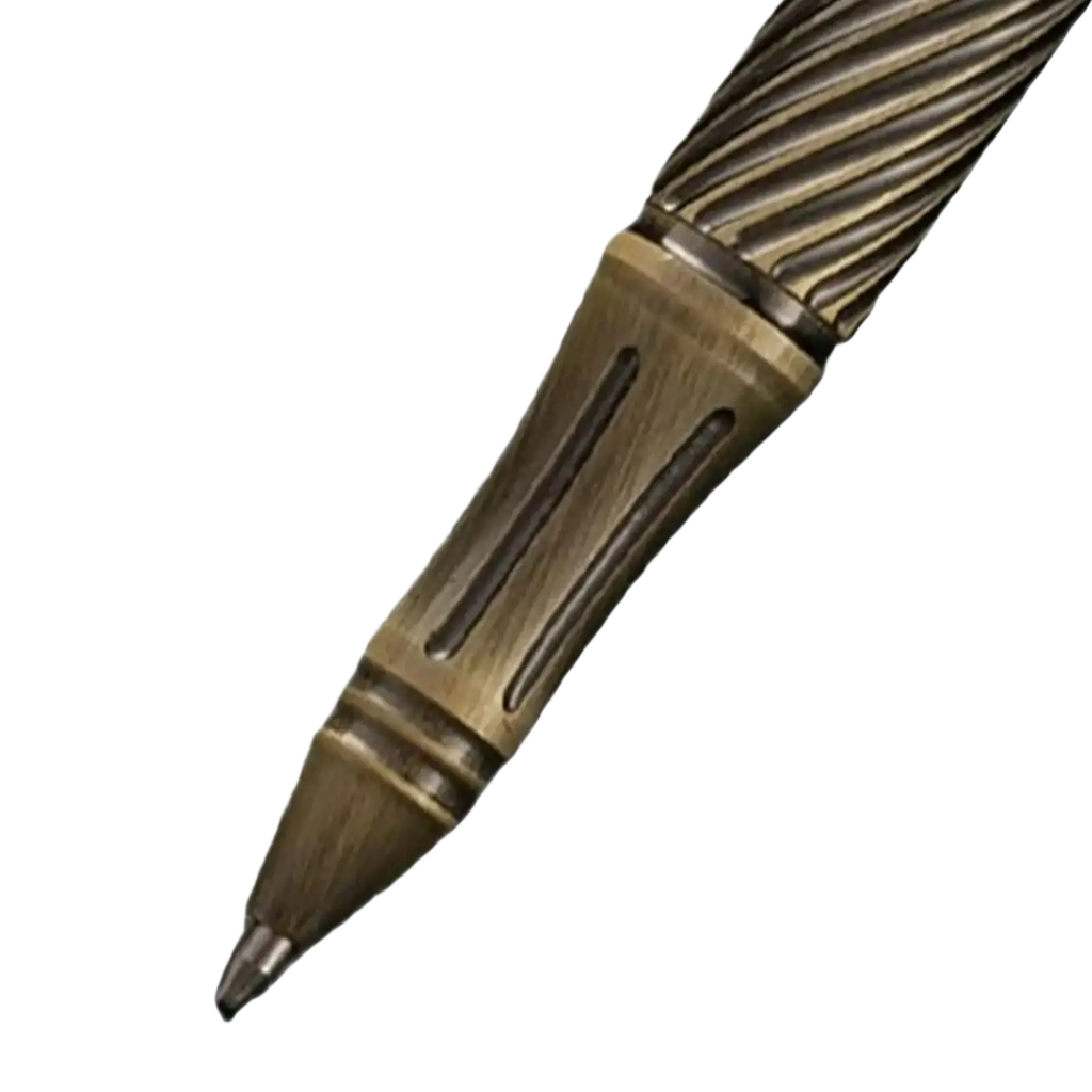 Brass retro travel pen for men with antique brass finish twisted ribbed barrel and engraved grooves on the grip