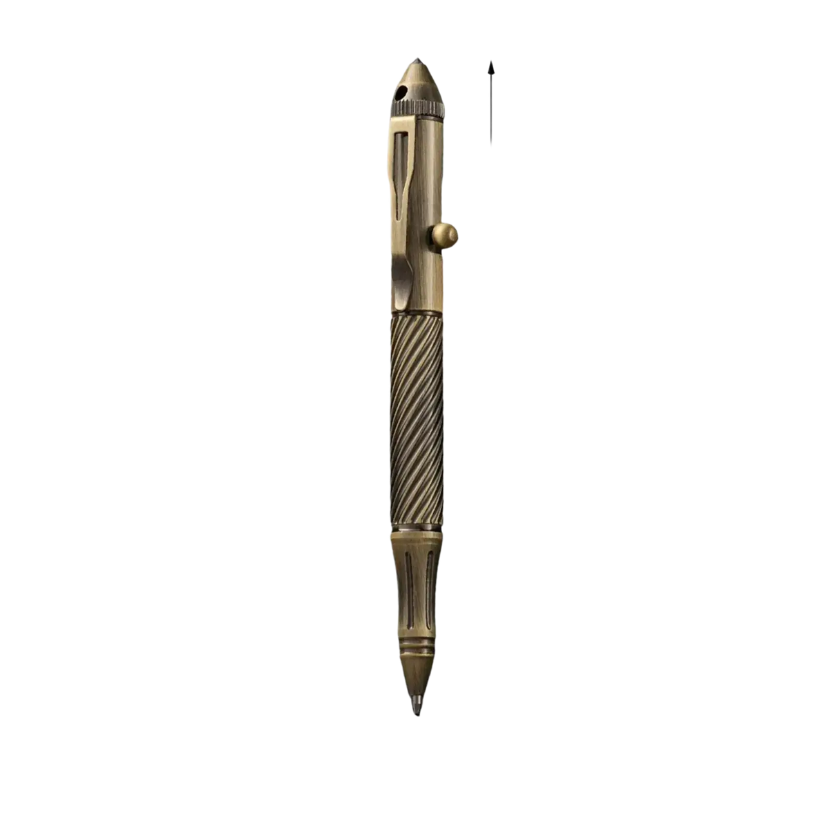 Bronze-colored brass retro travel pen for men with textured ribbed grip and pointed tactical tip