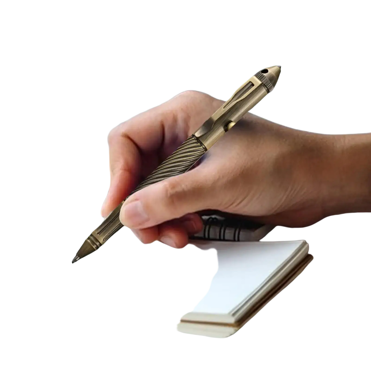 Bronze-colored brass retro travel pen for men with textured grip and serrated barrel designed for tactical use