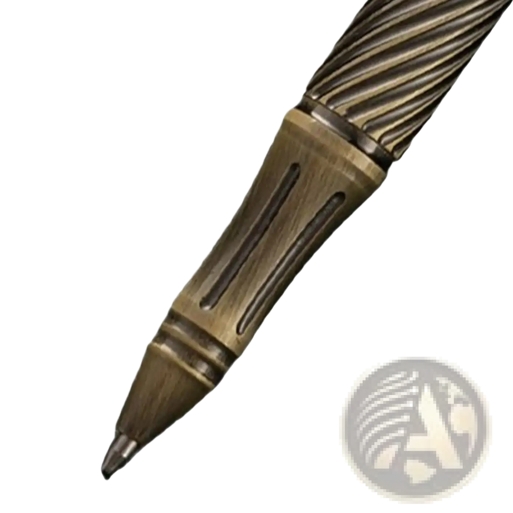 Brass retro travel pen for men with antique brass finish twisted ribbed barrel and engraved grooves on the grip