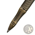 Brass retro travel pen for men with antique brass finish twisted ribbed barrel and engraved grooves on the grip