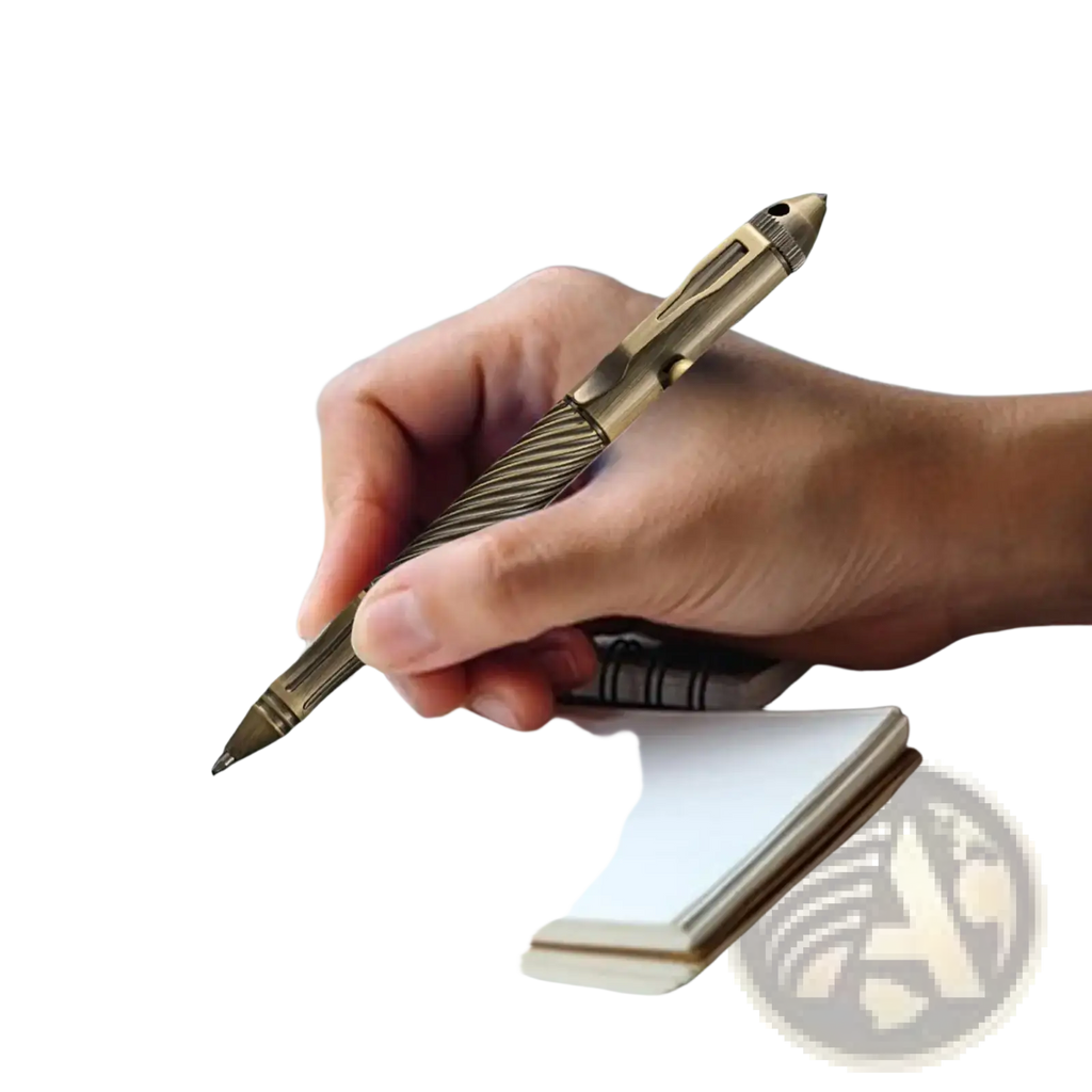 Bronze-colored brass retro travel pen for men with textured grip and serrated barrel designed for tactical use