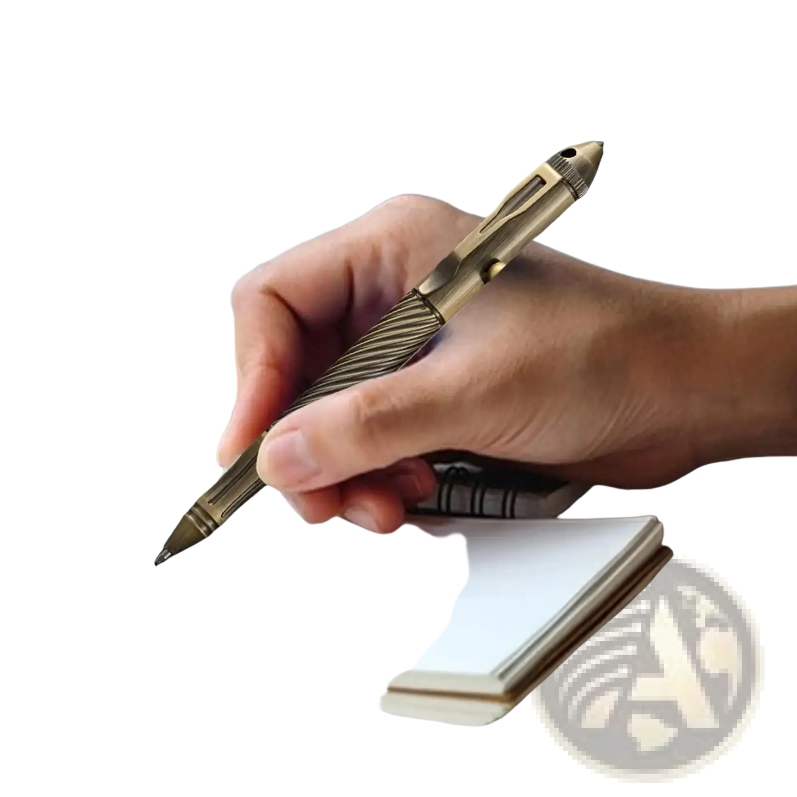 Bronze-colored brass retro travel pen for men with textured grip and serrated barrel designed for tactical use