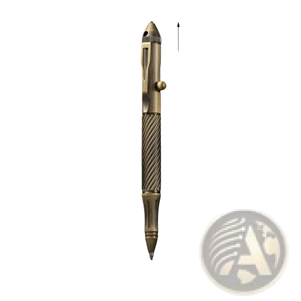 Bronze-colored brass retro travel pen for men with textured ribbed grip and pointed tactical tip
