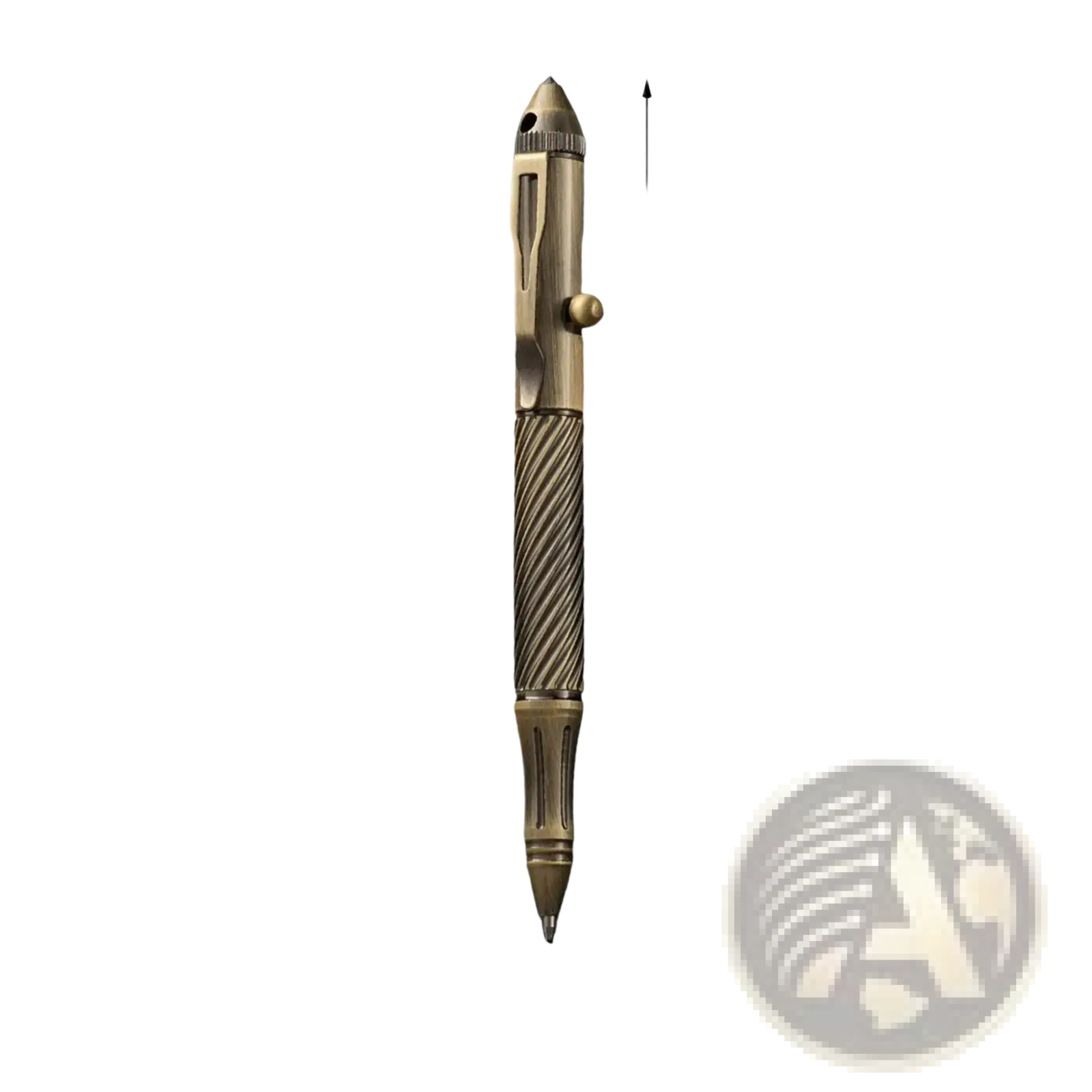 Bronze-colored brass retro travel pen for men with textured ribbed grip and pointed tactical tip