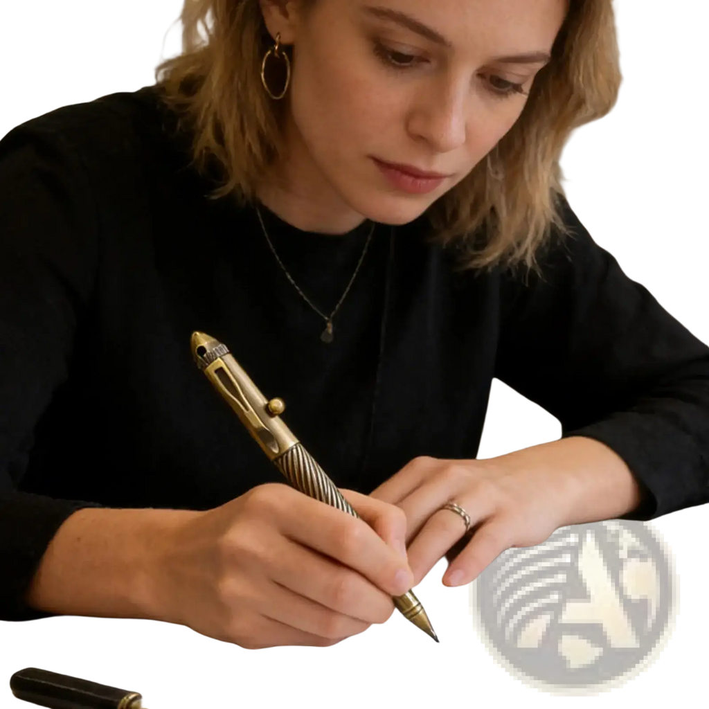 Brass retro travel pen for men with a twisted metallic body and gold-toned accents