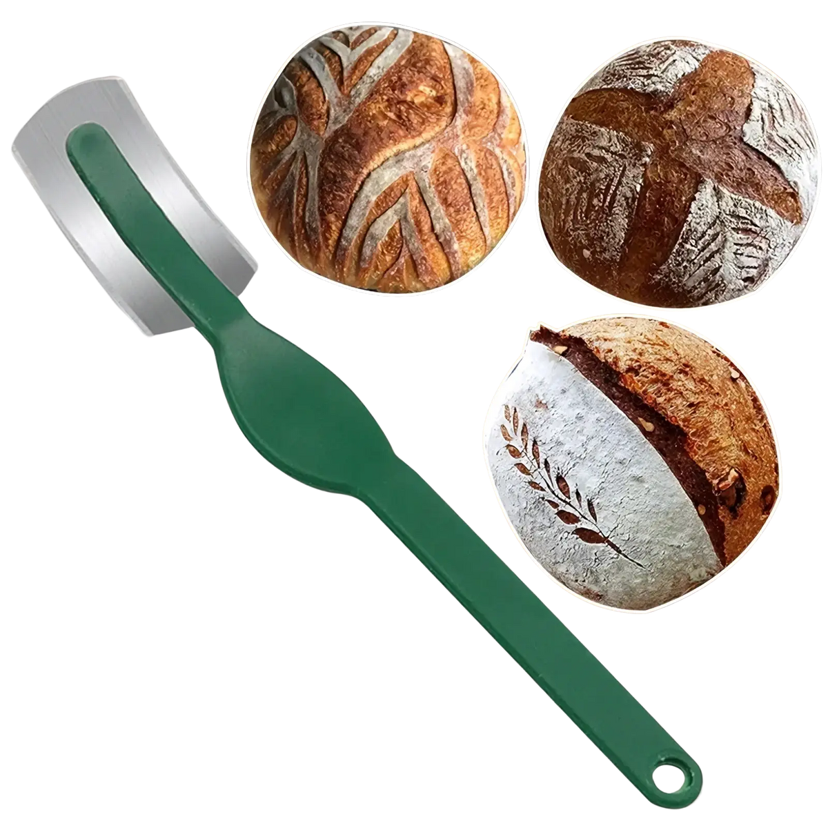 Bread lame stainless steel scoring knife with green plastic handle and shiny metallic blade for precise bread cutting