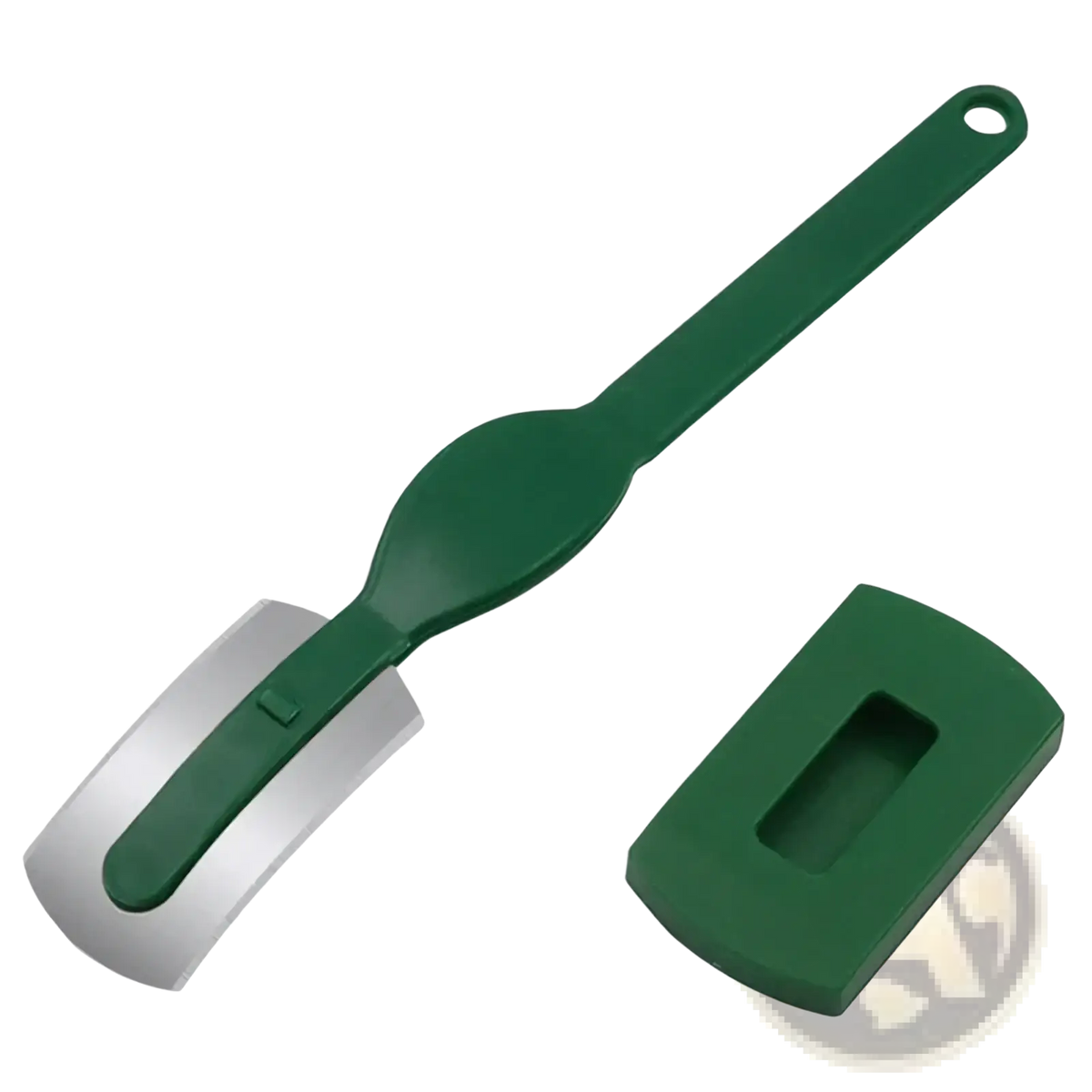 Green plastic-handled bread lame stainless steel scoring knife with silver blade and matching green protective case