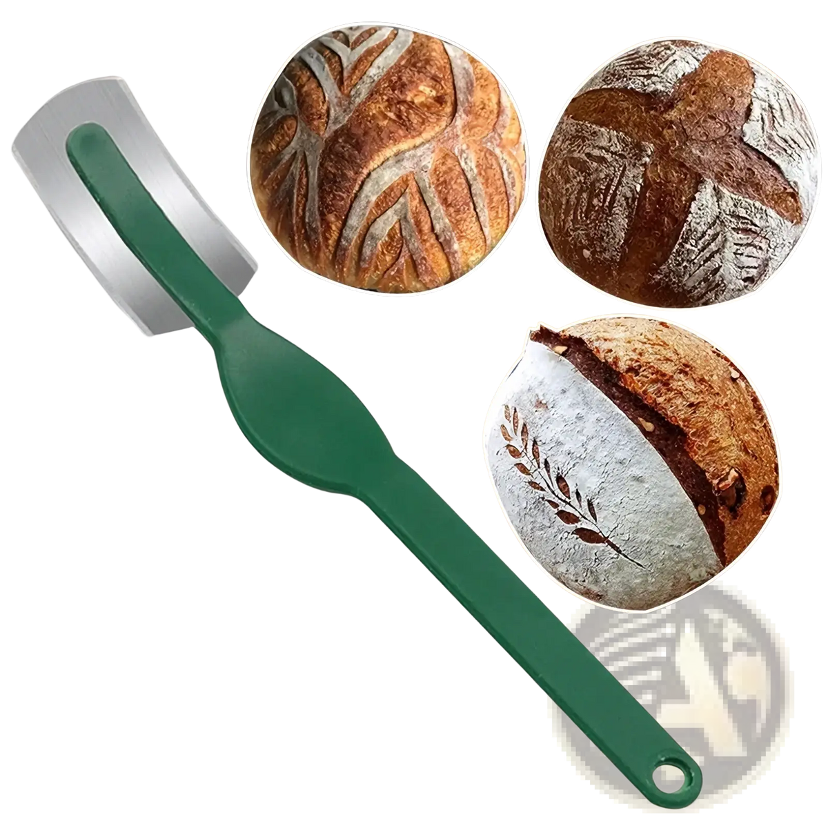 Bread lame stainless steel scoring knife with green plastic handle and shiny metallic blade for precise bread cutting