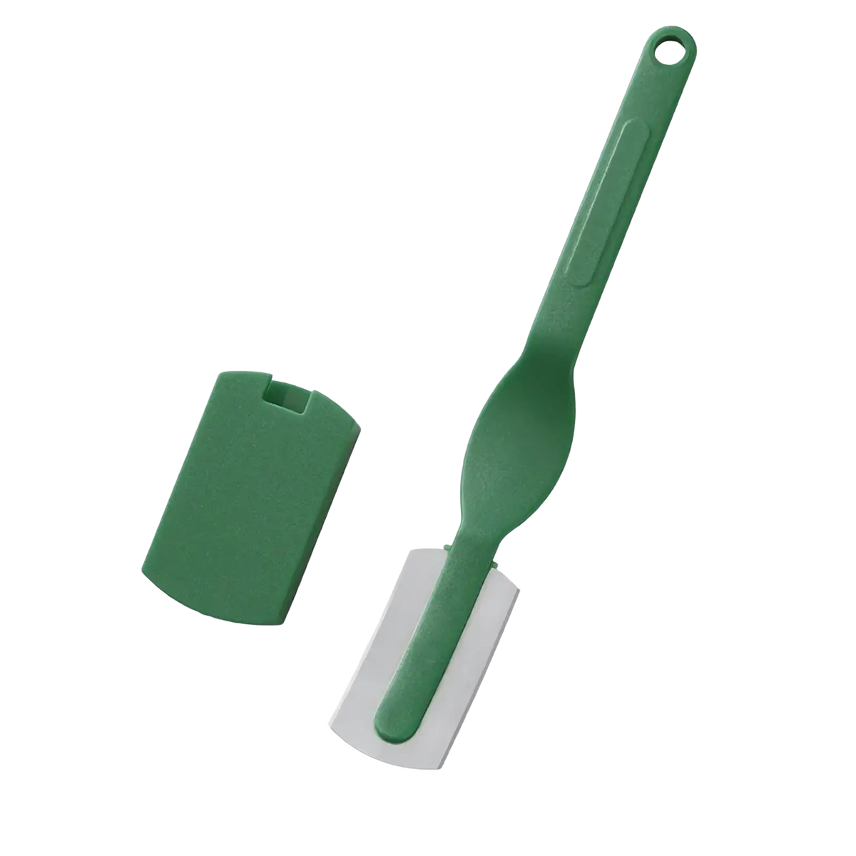 Green silicone spatula with white blade and ergonomic green handle shown alongside bread lame stainless steel scoring knife