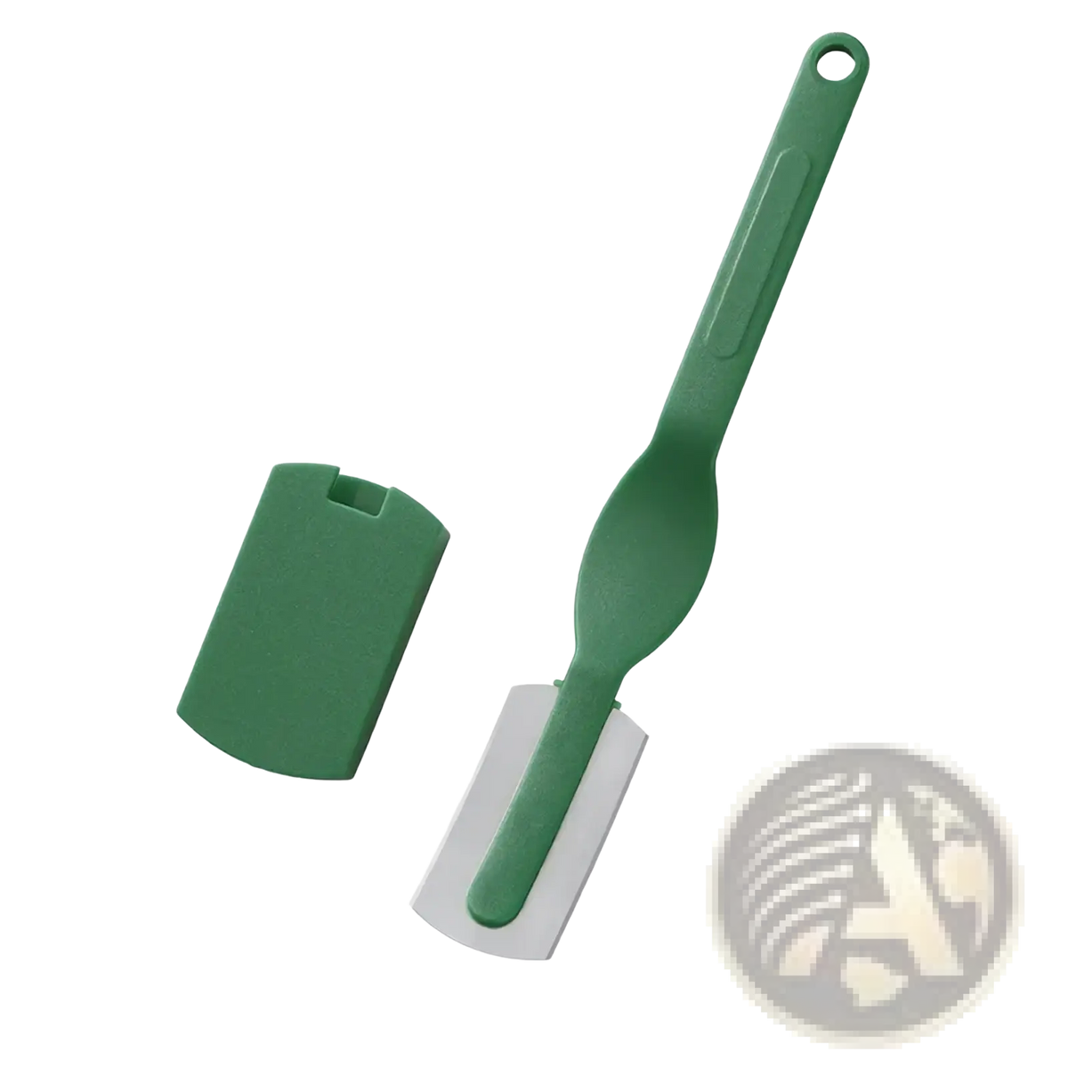 Green silicone spatula with white blade and ergonomic green handle shown alongside bread lame stainless steel scoring knife