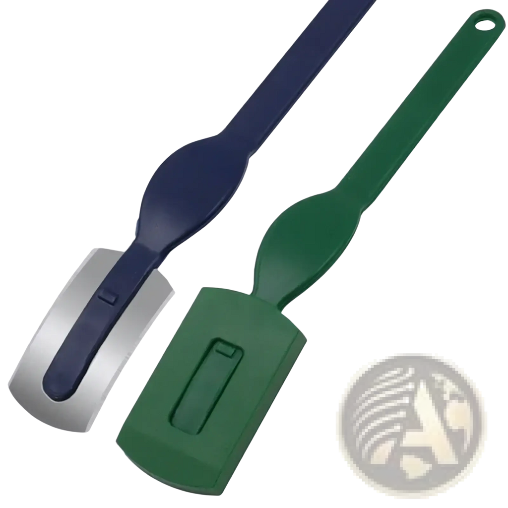 Two silicone baking tools including a bread lame stainless steel scoring knife with navy handle and green spatula head
