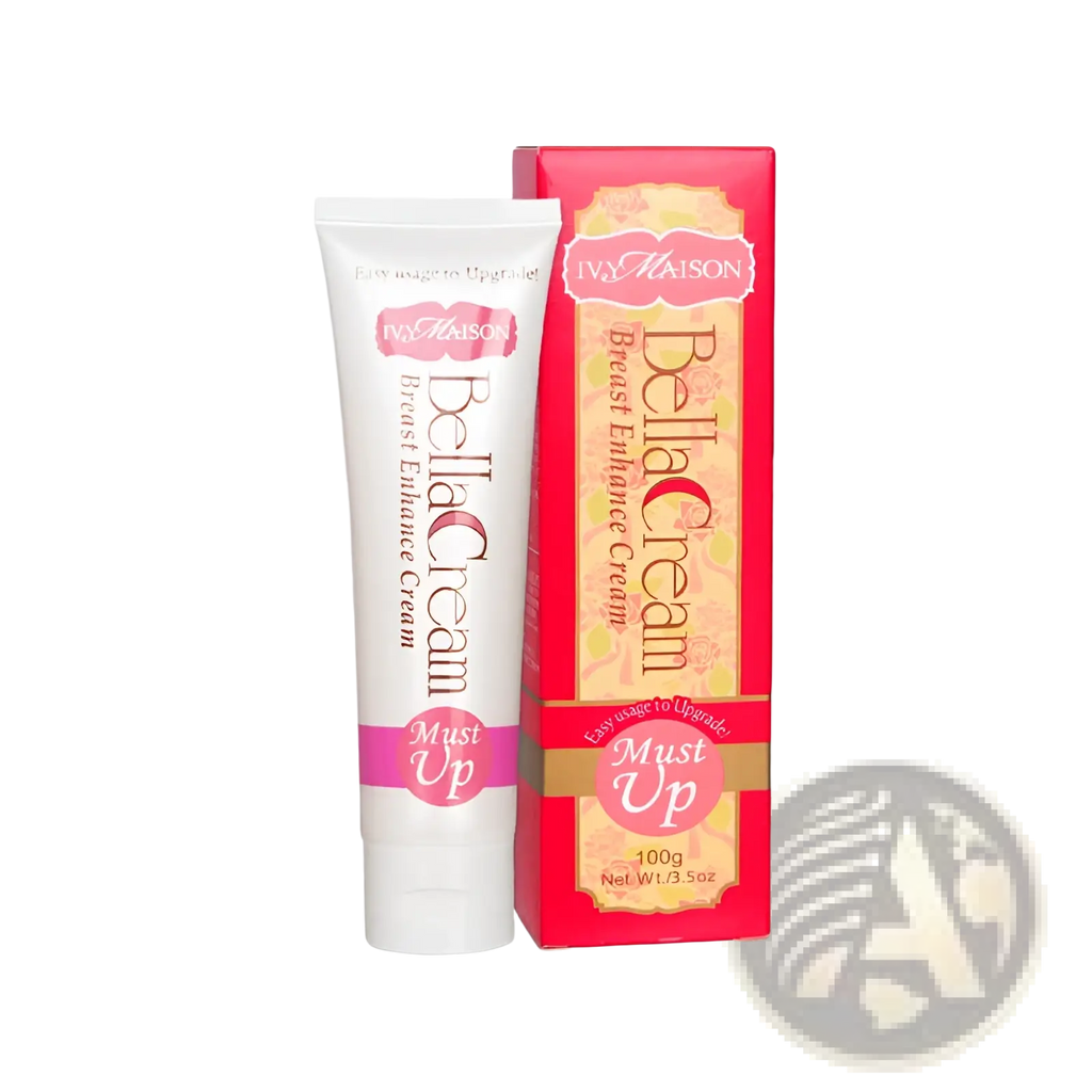 Breast enhancer cream Ivy Maison Bella moisturizer in a white tube with pink and gold accents beside a red floral box