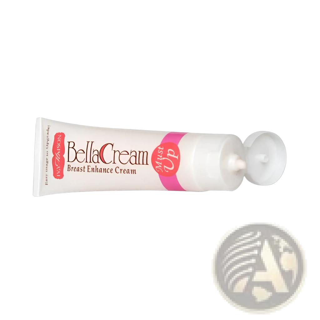 A white tube of bellacream breast enhance cream with a pink and red label for breast enhancement and moisturizing