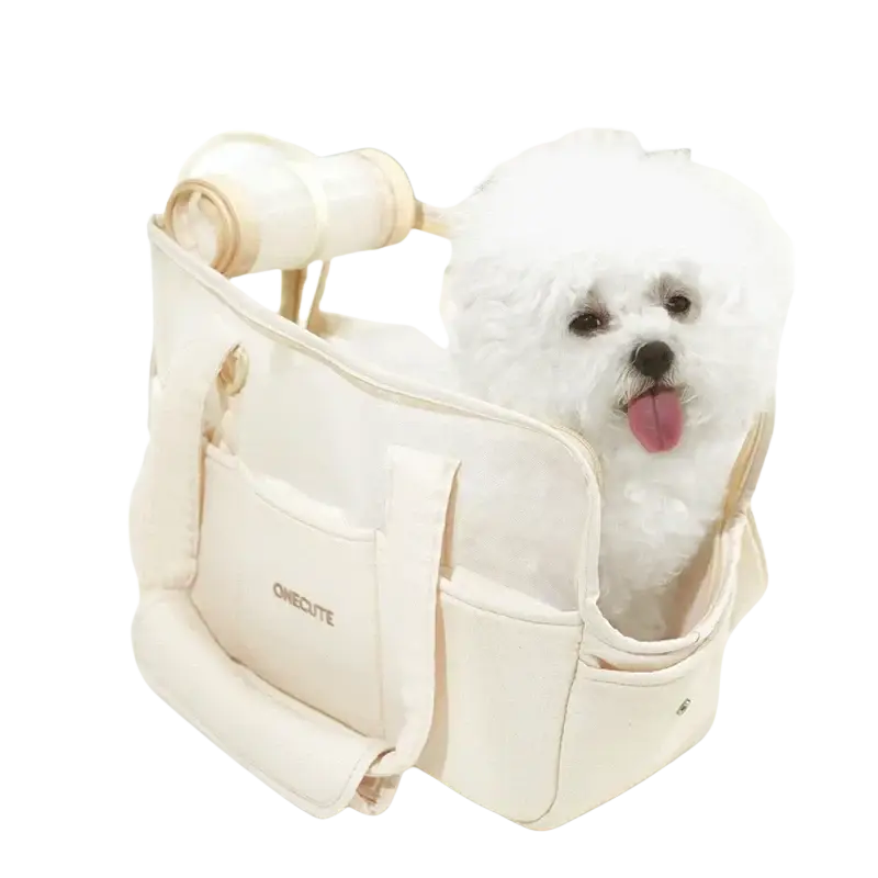 Cream-colored breathable canvas small dog pet backpack with rolled handles front pockets and onecute brand logo