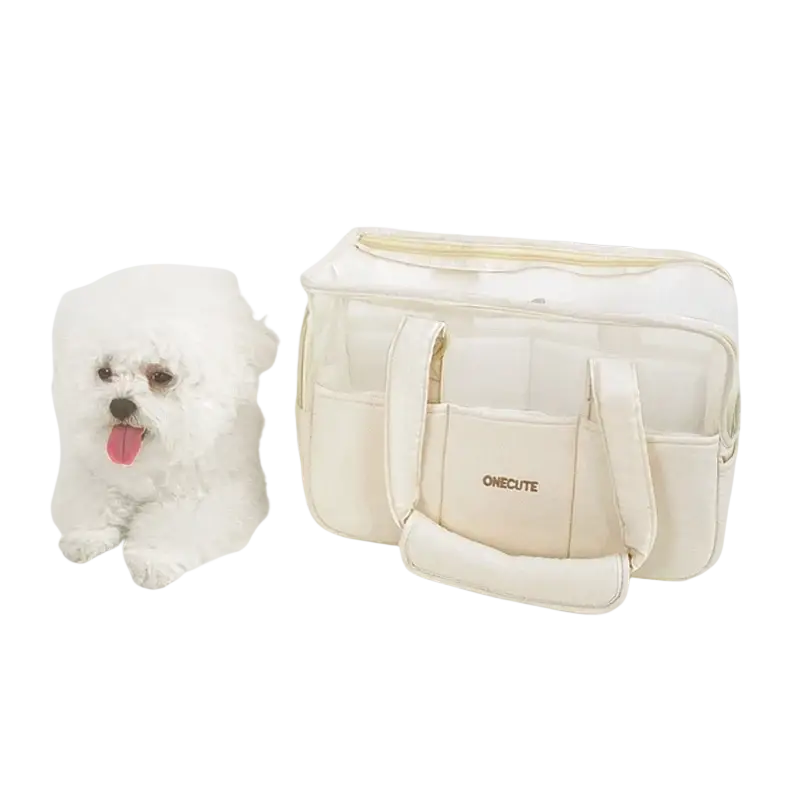 Cream-colored onecute breathable canvas small dog pet backpack with transparent side panels and multiple fabric pockets