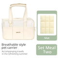 Breathable canvas small dog pet backpack in cream with quilted design, transparent side panels, and soft handle