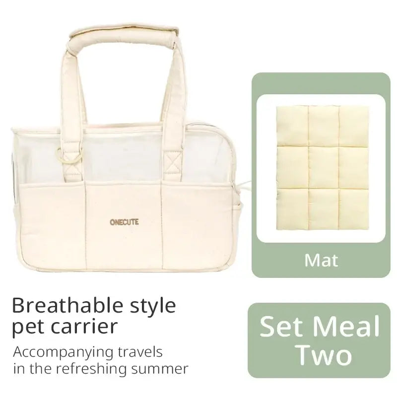 Breathable canvas small dog pet backpack in cream with quilted design, transparent side panels, and soft handle