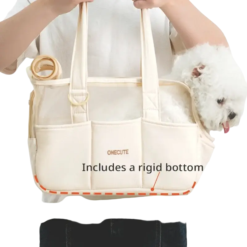 Cream-colored breathable canvas small dog pet backpack with quilted design multiple pockets and rigid bottom support