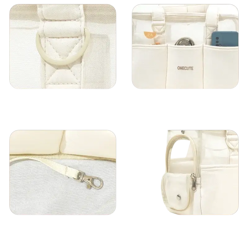 Cream-colored quilted canvas small dog pet backpack featuring five organized pockets and a side window for breathability