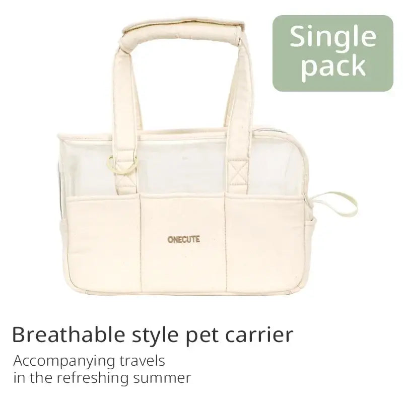 Cream-colored breathable canvas small dog pet backpack with soft fabric, transparent side panels, and sturdy handle