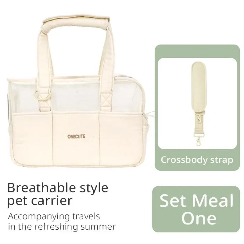 Cream-colored breathable canvas small dog pet backpack with structured design transparent side panels and crossbody strap