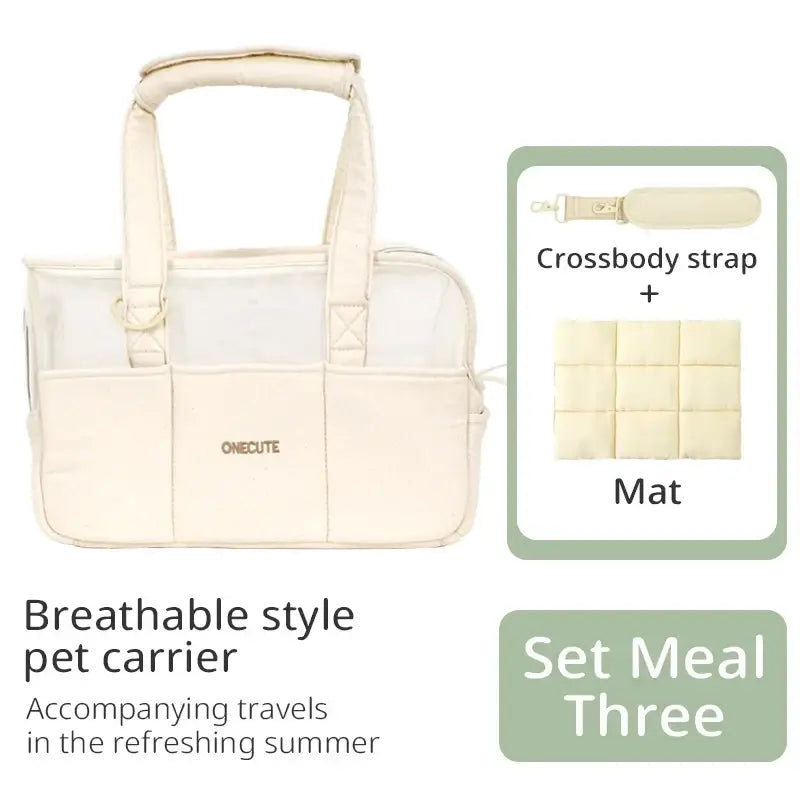 Cream-colored breathable canvas small dog pet backpack with structured body and transparent side panels