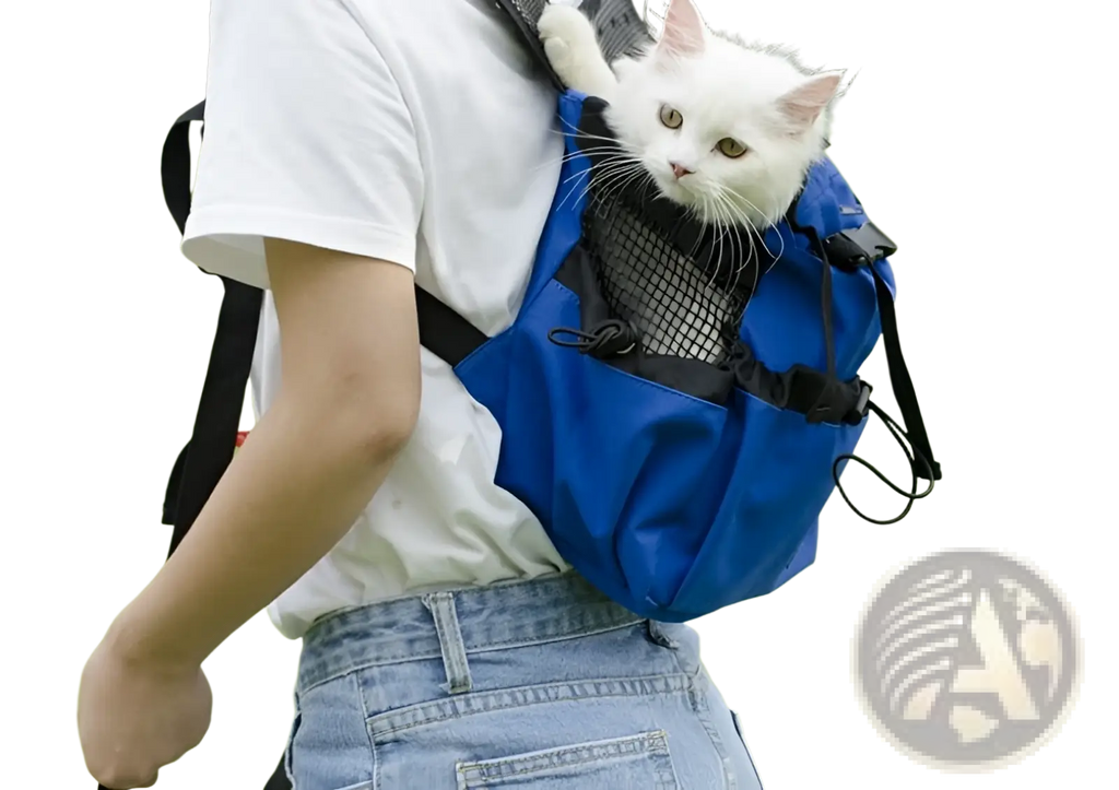 Blue breathable dog backpack pet carrier with black mesh and straps showing the back side of the carrier