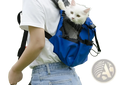 Blue breathable dog backpack pet carrier with black mesh and straps showing the back side of the carrier
