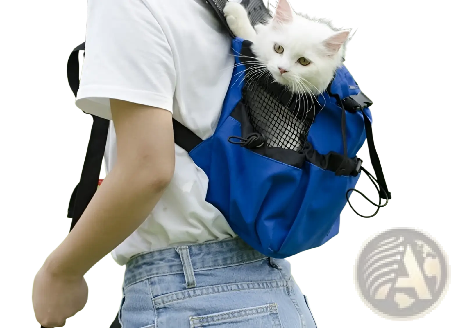 Blue breathable dog backpack pet carrier with black mesh and straps showing the back side of the carrier