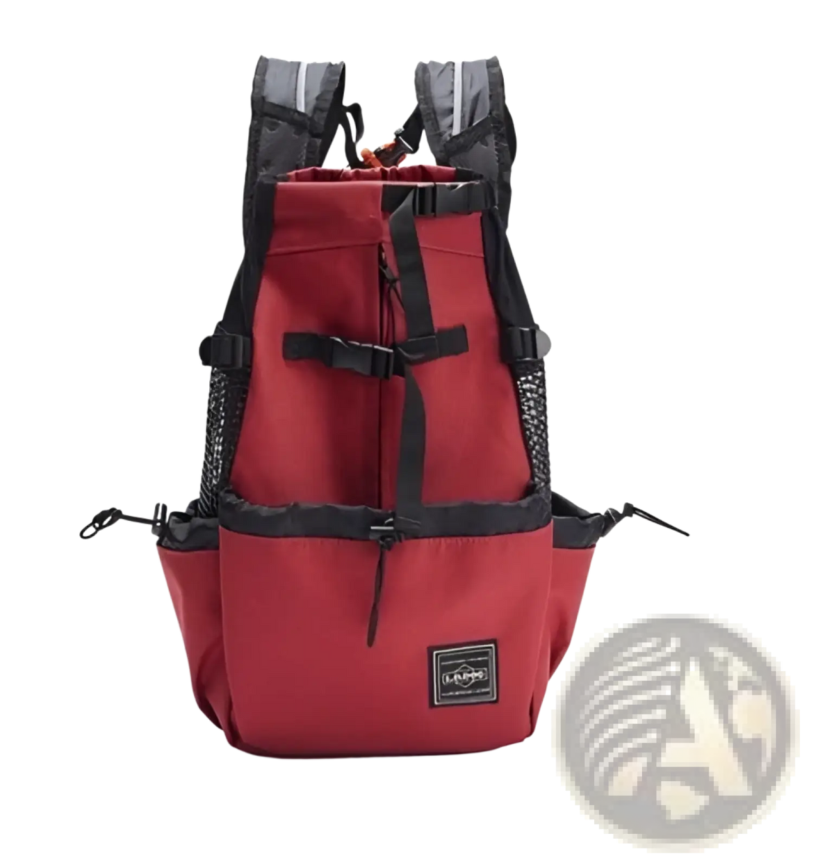 Red canvas backpack with black mesh breathable pet carrier featuring a front zipper pocket for dogs
