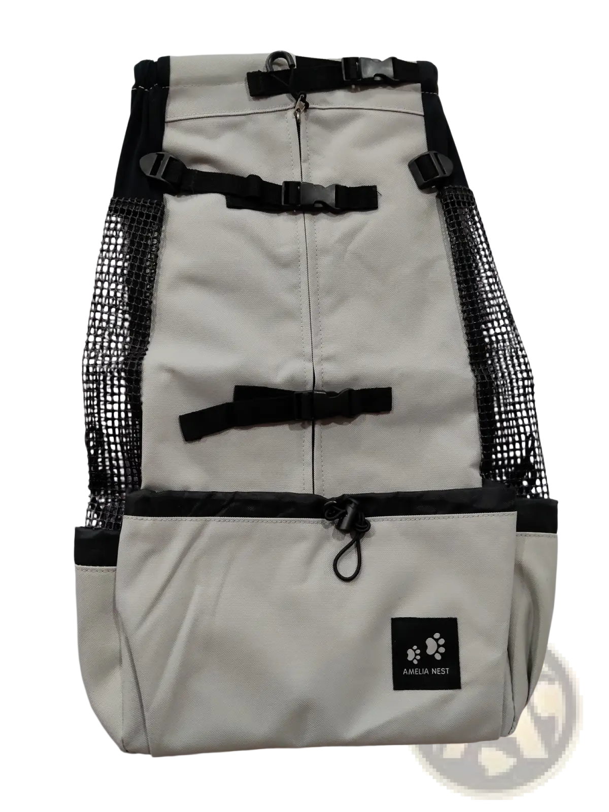 Beige breathable dog backpack mesh pet carrier with black mesh sides adjustable straps and amelia nest logo pocket